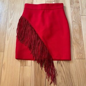 NEW Maje Red Asymmetric Fringe Accent High Waisted Mini Skirt